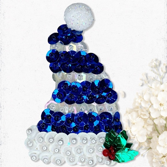 Jewelry - 6354. Blue Sequin Christmas Hat Handmade Brooch
